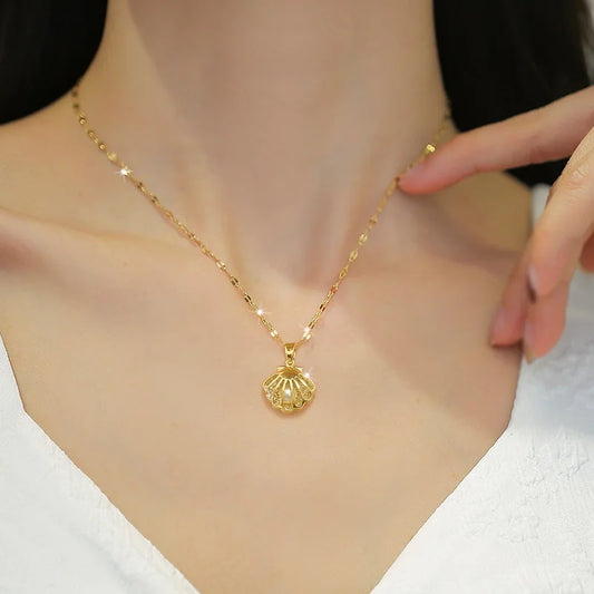 Koreanische Licht Luxus Shell Perle Halskette Für Frauen Edelstahl Micro Intarsien Zirkon Liebe Herz Mond Choker Hochzeit Schmuck