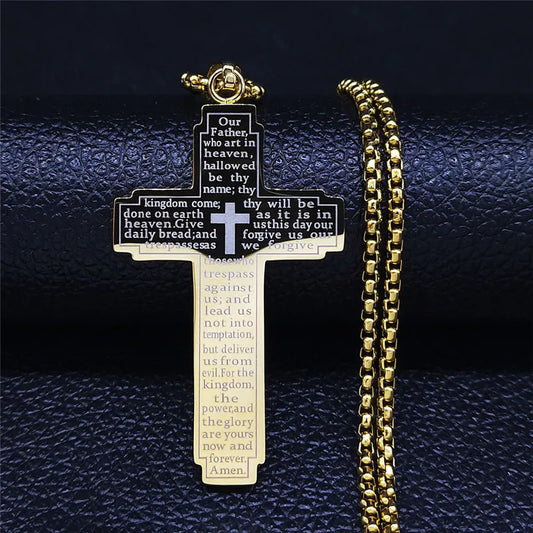 HNSP Stainless Steel Bible Big Cross Chain Necklace Pendant For Men Neck Jewelry Religion Accessories