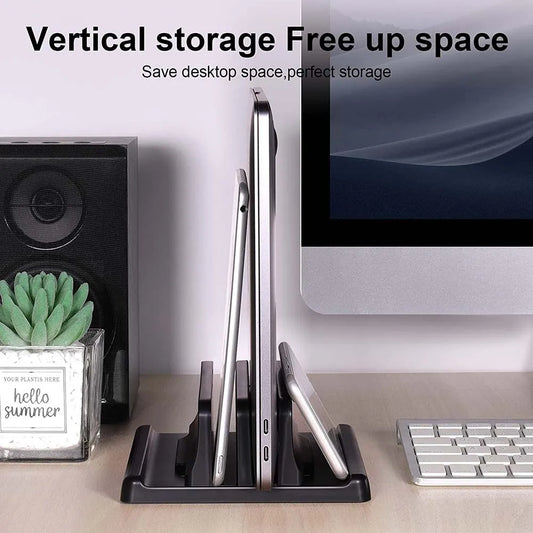 Dual-Slot Adjustable Vertical Laptop Stand ABS Plastic 4in1 Design Space-Saving for MacBook Chromebook Surface HP Dell Book iPad