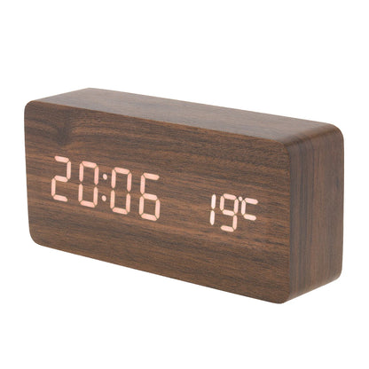 LED Wood Alarm Clock Voice Control Time Date Temperature Digital Bamboo Rectangle Table Desktop Clock Alarm