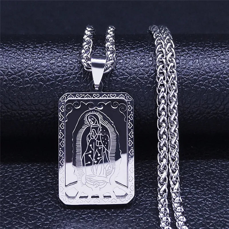 HNSP Medal Necklace Stainless Steel Virgin Mary Pendant Chain For Men Religious Jewelry Accessories