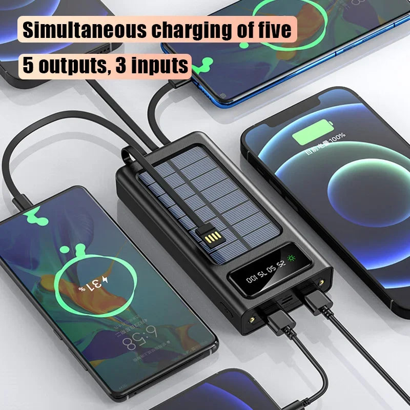 Lenovo Solar Power Bank 200000mah Built 4 Cables Portable Fast Charging Usb Ports Charger Powerbank For Iphone Xiaomi Samsung