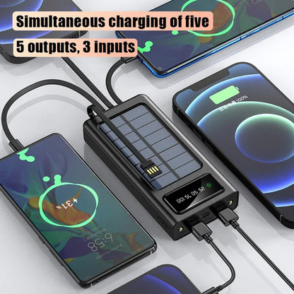 Lenovo Solar Power Bank 200000mah Built 4 Cables Portable Fast Charging Usb Ports Charger Powerbank For Iphone Xiaomi Samsung
