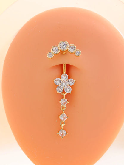 Gold Color Stainless Steel Belly Button Ring Long Dangled Flower Crystal Navel Belly Piercing Rings for Women Sexy Jewelry