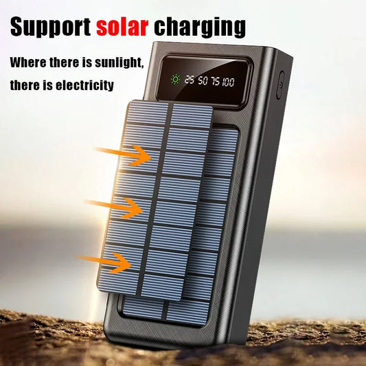 Lenovo Solar Power Bank 200000mah Built 4 Cables Portable Fast Charging Usb Ports Charger Powerbank For Iphone Xiaomi Samsung
