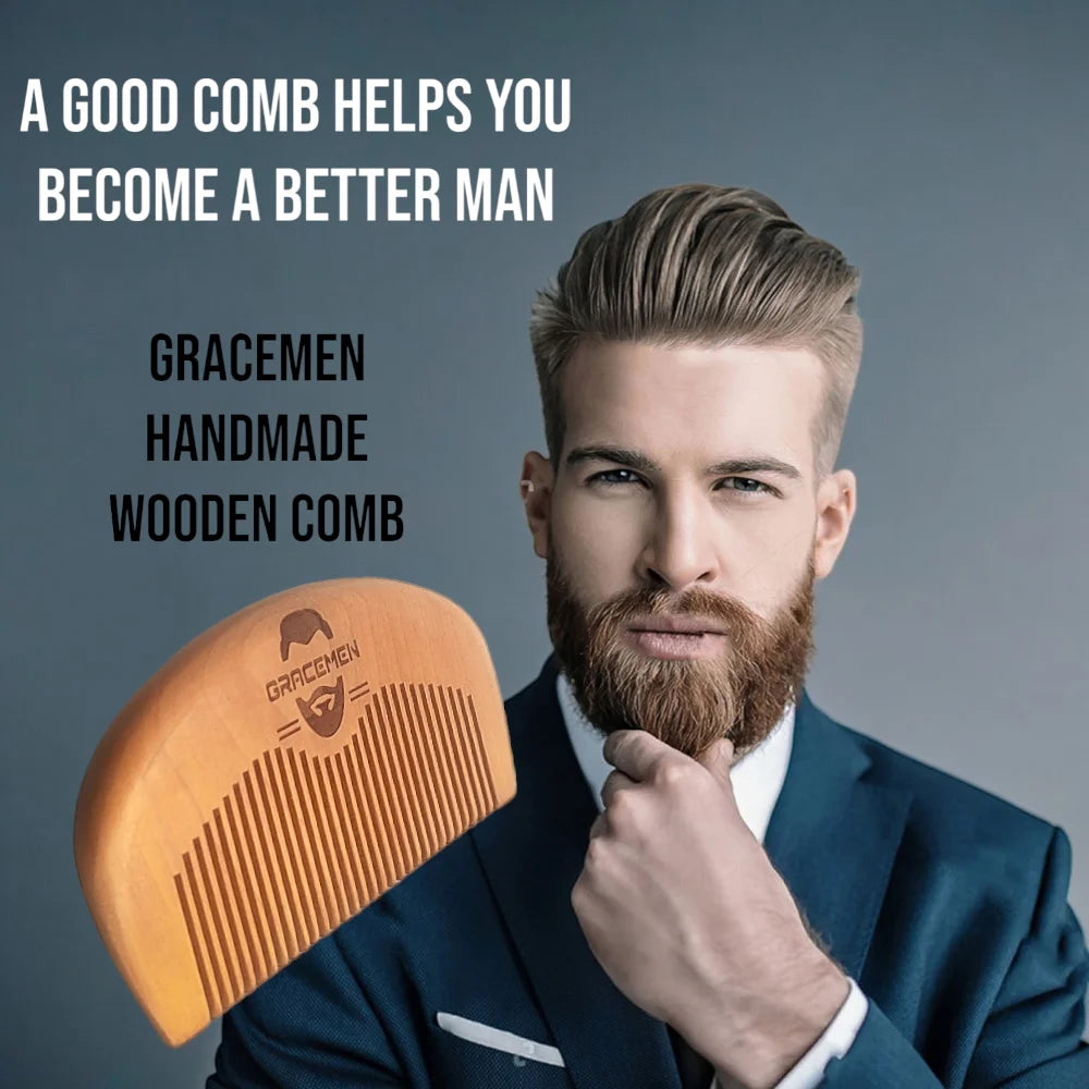 Grancemen Beard Kit-Bamboo Handle Boar Bristles Brush & Peach Wood Comb & Stainless Steel Trimming Scissors With Bag for Men