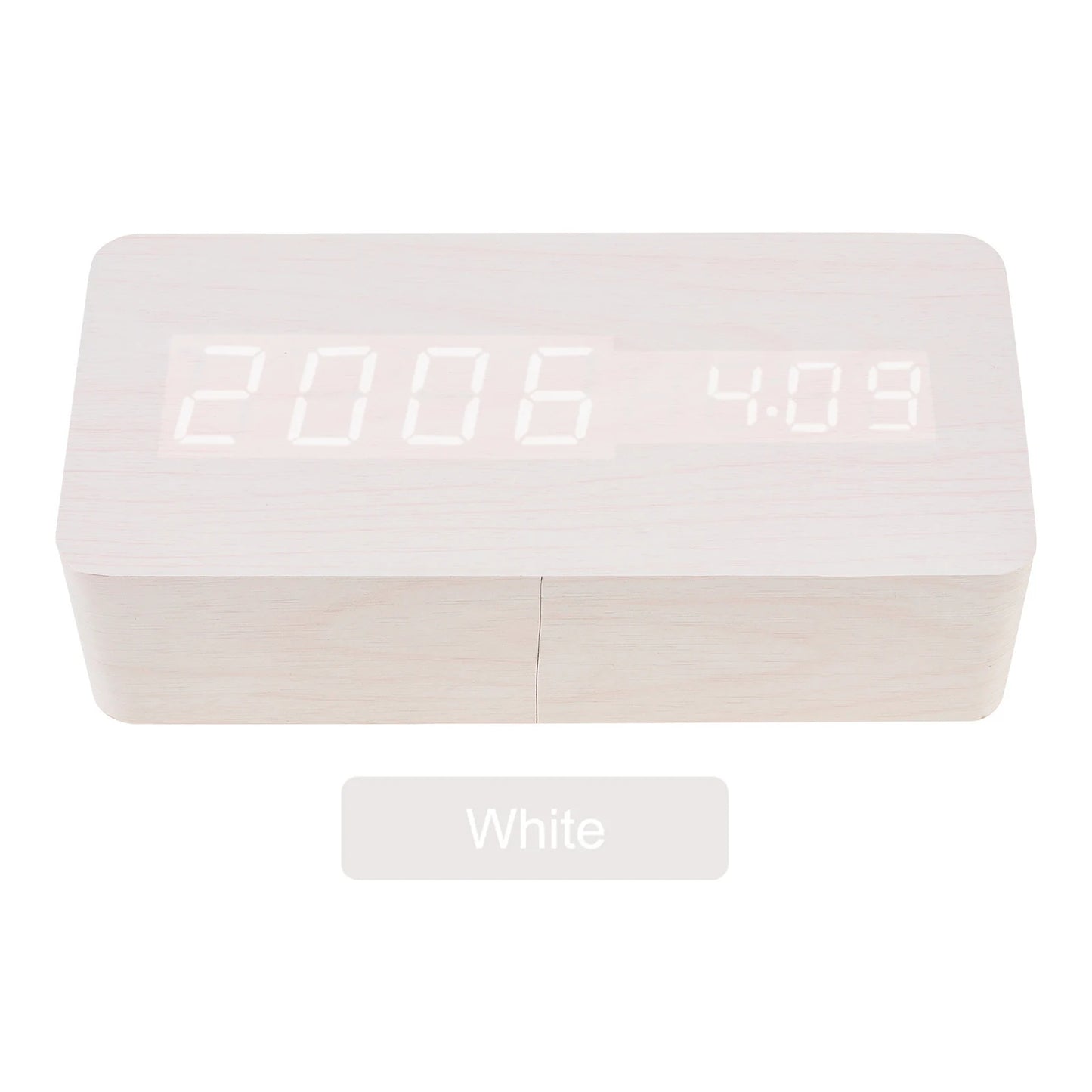 LED Wood Alarm Clock Voice Control Time Date Temperature Digital Bamboo Rectangle Table Desktop Clock Alarm