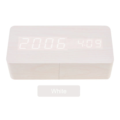 LED Wood Alarm Clock Voice Control Time Date Temperature Digital Bamboo Rectangle Table Desktop Clock Alarm