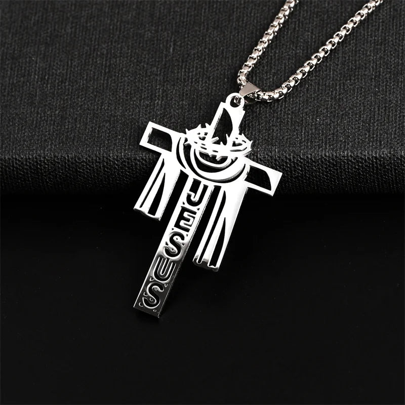 Stainless steel Thorn Jesus Cross Necklace for men's casual religious Cross pendant necklace jewelry