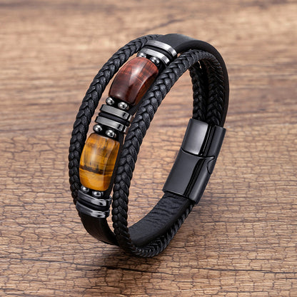 New Natural Tiger Eye Stone Men's Wristband Bracelet Hand-woven Multi-Layer Braided Leather Bangles Stainless Steel Jewelry