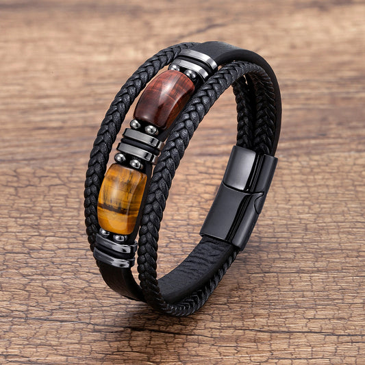 New Natural Tiger Eye Stone Men's Wristband Bracelet Hand-woven Multi-Layer Braided Leather Bangles Stainless Steel Jewelry