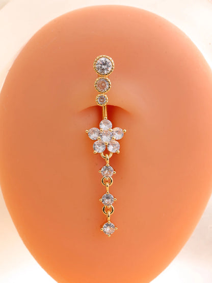 Gold Color Stainless Steel Belly Button Ring Long Dangled Flower Crystal Navel Belly Piercing Rings for Women Sexy Jewelry