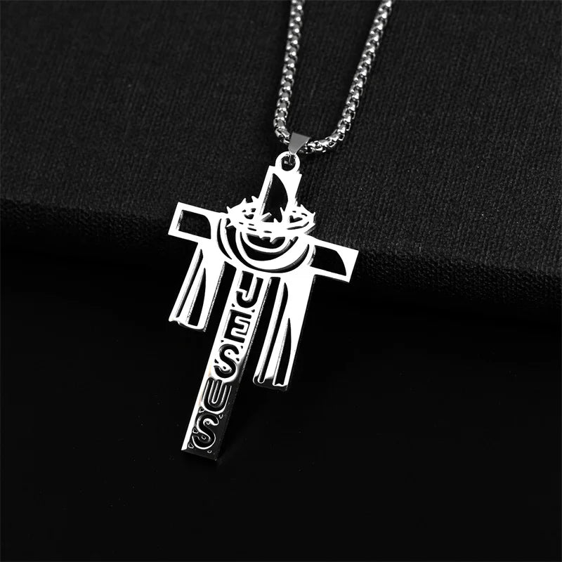 Stainless steel Thorn Jesus Cross Necklace for men's casual religious Cross pendant necklace jewelry