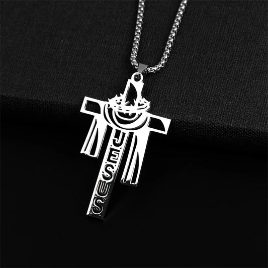 Stainless steel Thorn Jesus Cross Necklace for men's casual religious Cross pendant necklace jewelry
