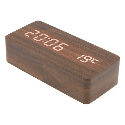 LED Wood Alarm Clock Voice Control Time Date Temperature Digital Bamboo Rectangle Table Desktop Clock Alarm