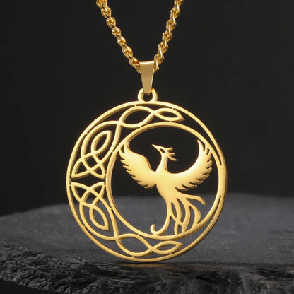 Dawapara Mythological Animals Phoenix Necklace Powerful Totem Celtic Crescent Moon Protection Amulet Stainless Steel Jewelry